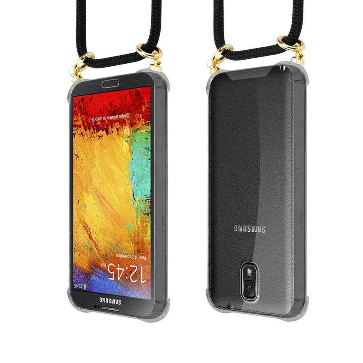 CADORABO Handy Kette mit Gold Samsung, Backcover, und Kordel SCHWARZ Hülle, Galaxy 3, abnehmbarer NOTE Ringen, Band