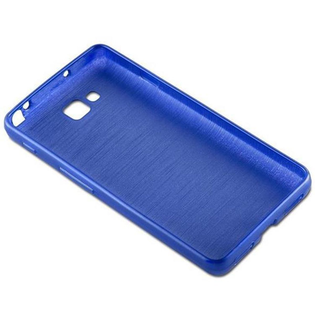 Una funda azul para teléfono, vacía, sobre una superficie blanca.