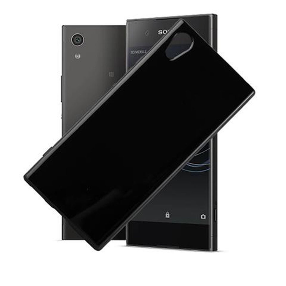 Due telefoni e custodie nere. Uno davanti, uno dietro.