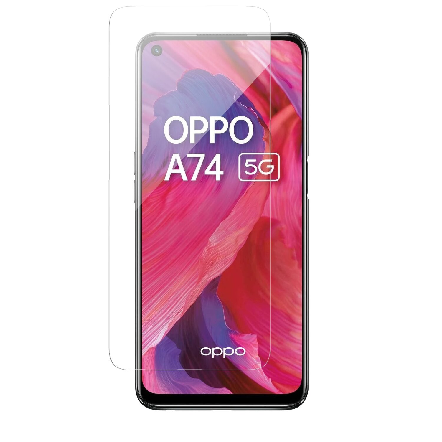 OPPO A74 5G Telefon mit Displayschutz. Das Telefon zeigt einen abstrakten pinken und roten Hintergrund.