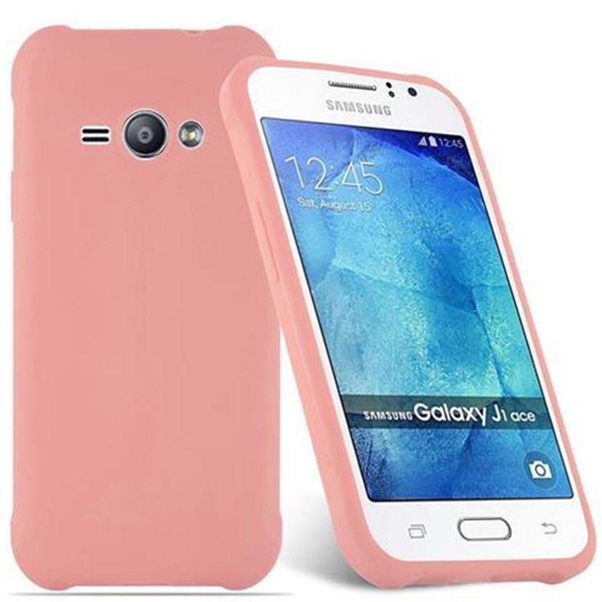 Rosa Telefon und Hülle. Samsung Galaxy J1 ace auf dem Bildschirm.