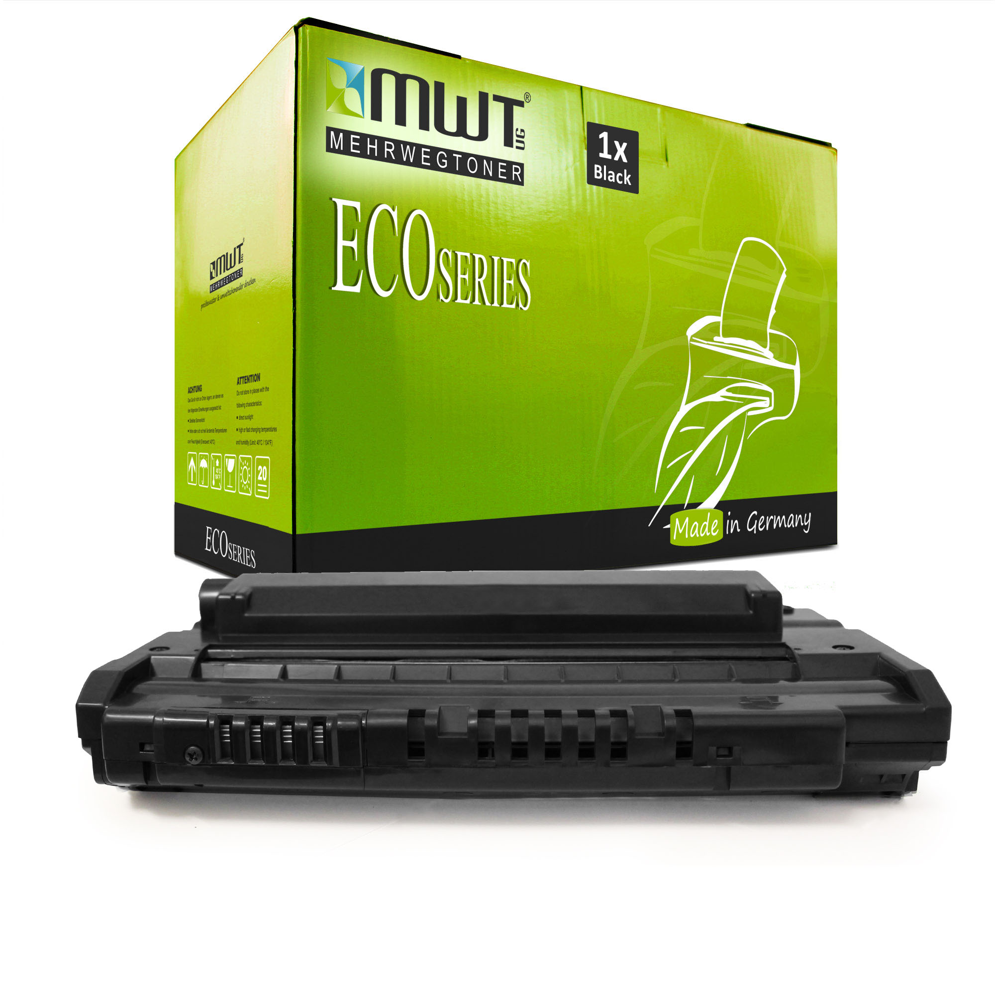 Grün-weiße Tonerkassette mit schwarzem Toner. Weißer Hintergrund. Auf der Box steht 'ECO SERIES'.