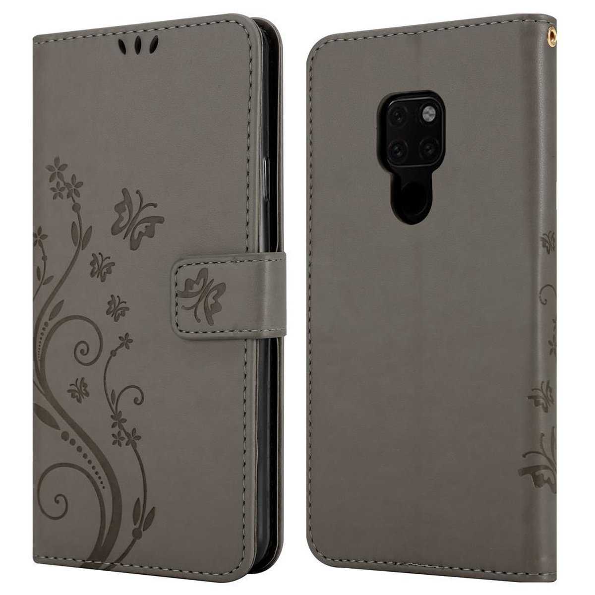 Blumen FLORAL Bookcover, Huawei, GRAU Flower Case, Hülle CADORABO MATE Muster 20,