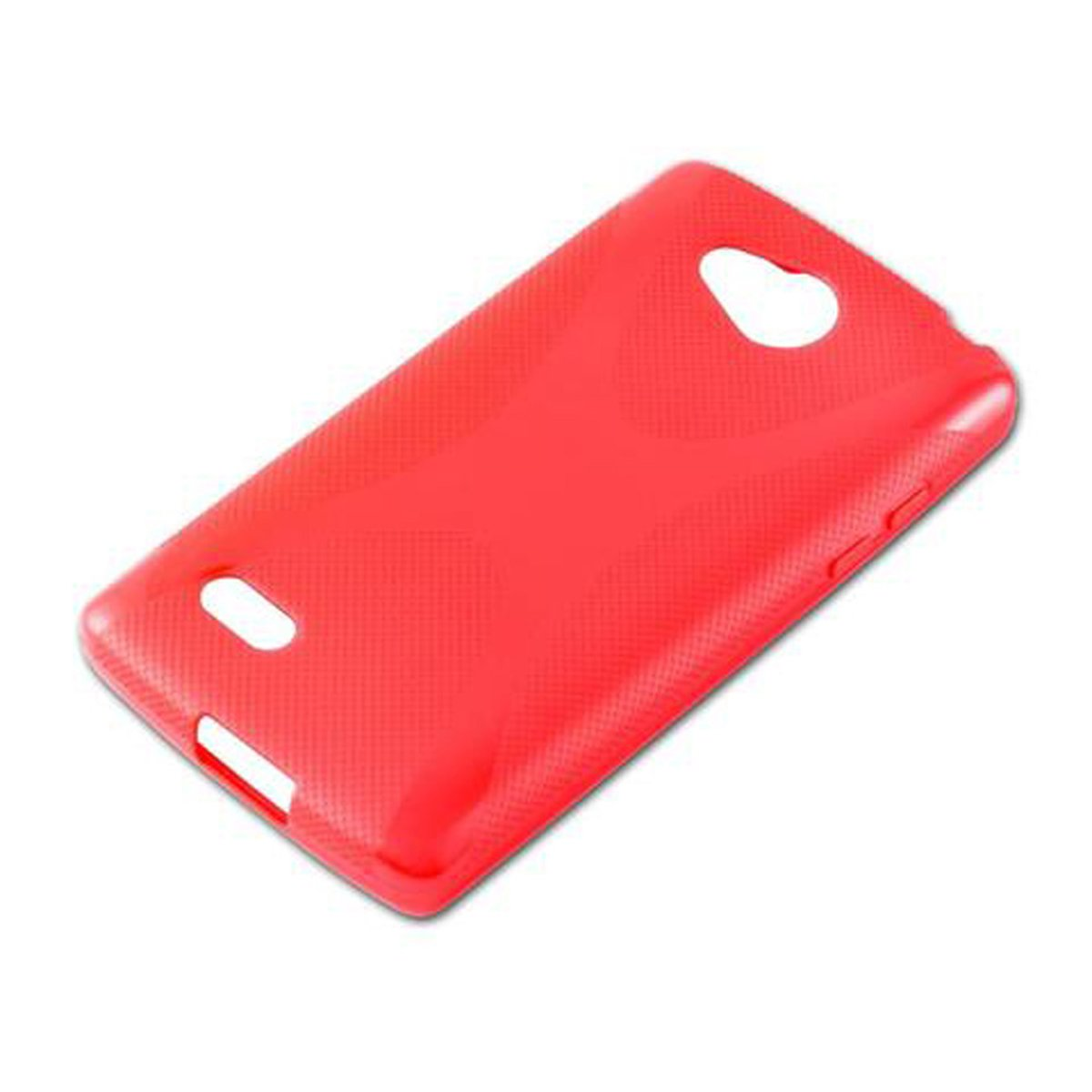 Una custodia per telefono rosso vivo, vista dall'alto. La custodia ha ritagli per fotocamera e pulsanti su una superficie bianca.