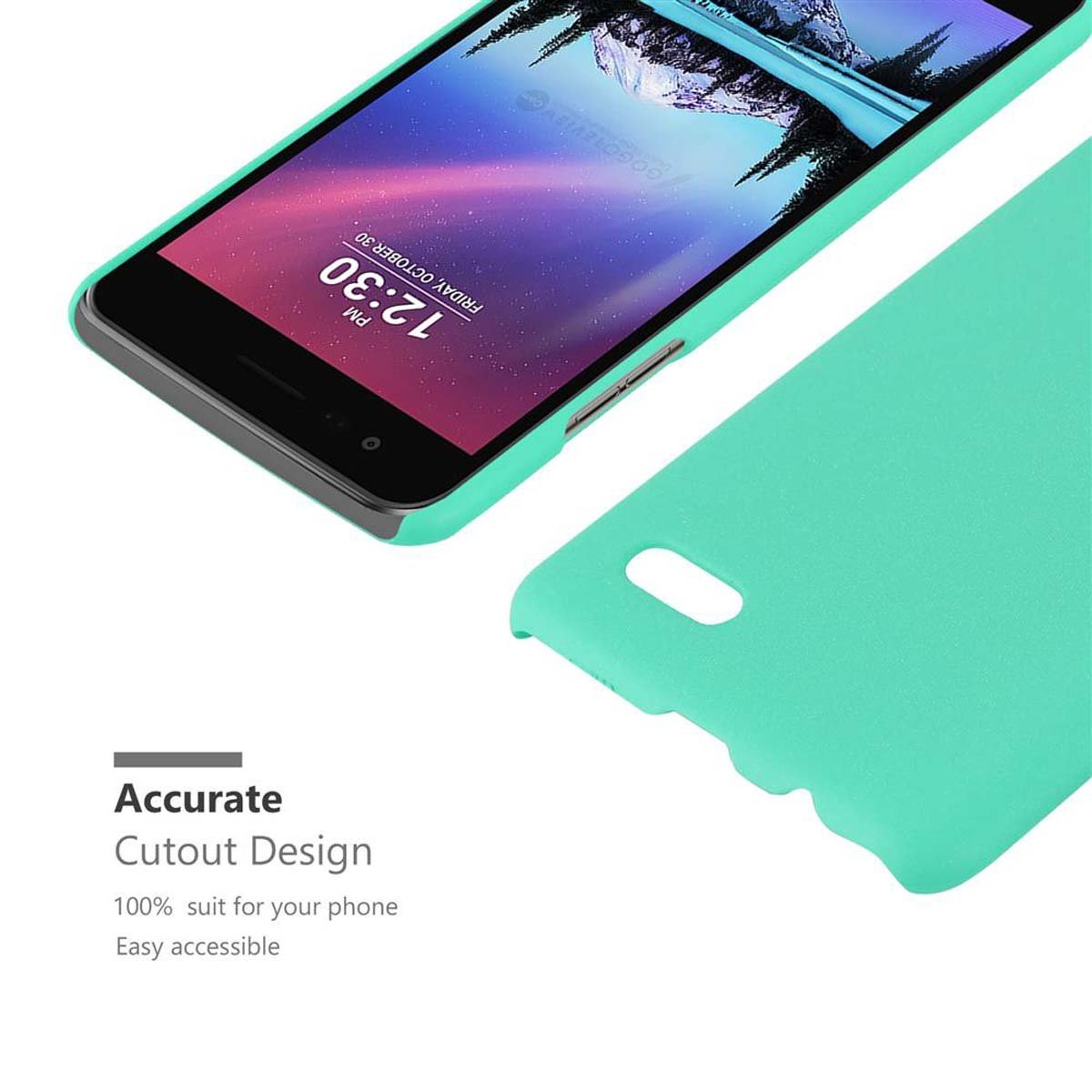 Un telefono con una custodia verde con lo schermo acceso. La custodia è accanto al telefono.