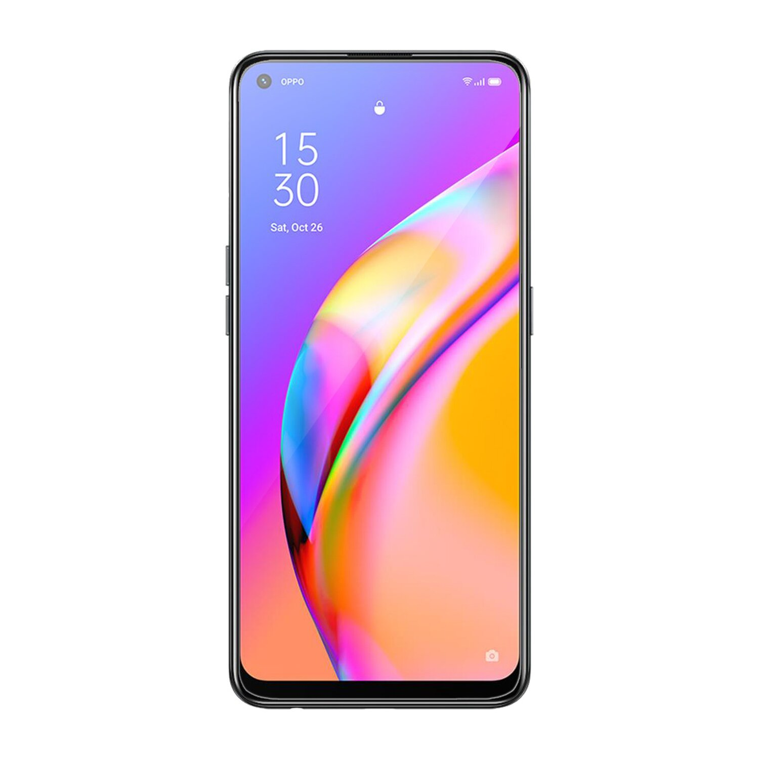 Ein Telefon mit großem Bildschirm. Der Bildschirm zeigt Zeit und Datum. Das Telefon ist schwarz.