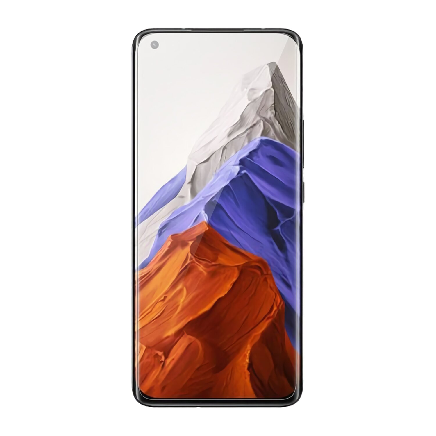 Ein schwarzes Telefon mit einem Bildschirm, der Berge zeigt. Das Telefon steht vor weißem Hintergrund.