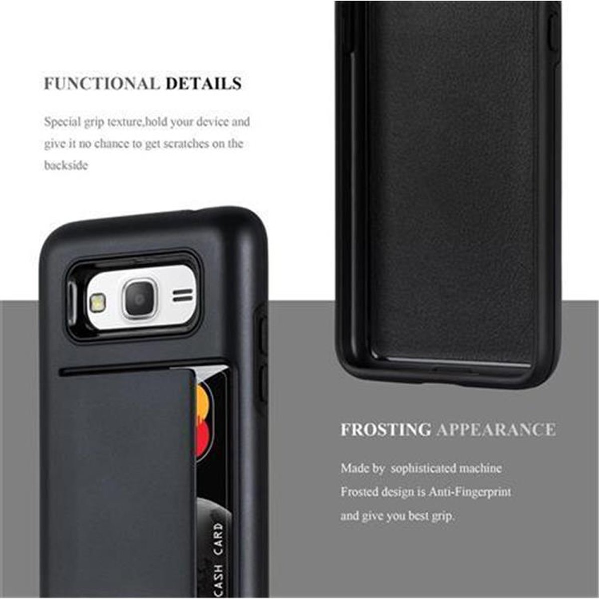 Funda de teléfono con ranura para tarjeta, texto sobre textura de agarre, apariencia esmerilada y anti-huellas.