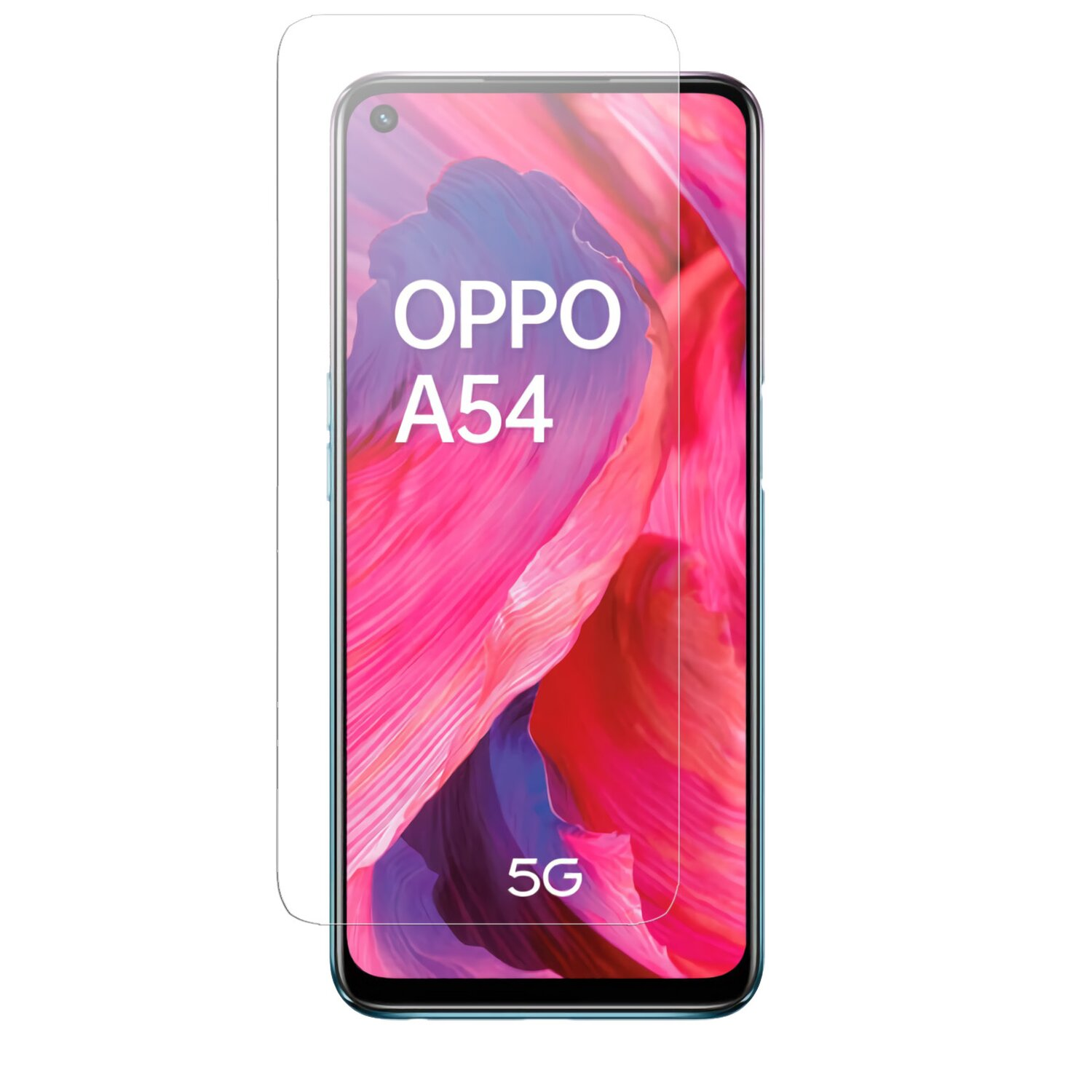 Displayschutzfolie auf einem Telefon, das den Markennamen 'OPPO A54' und '5G' zeigt.