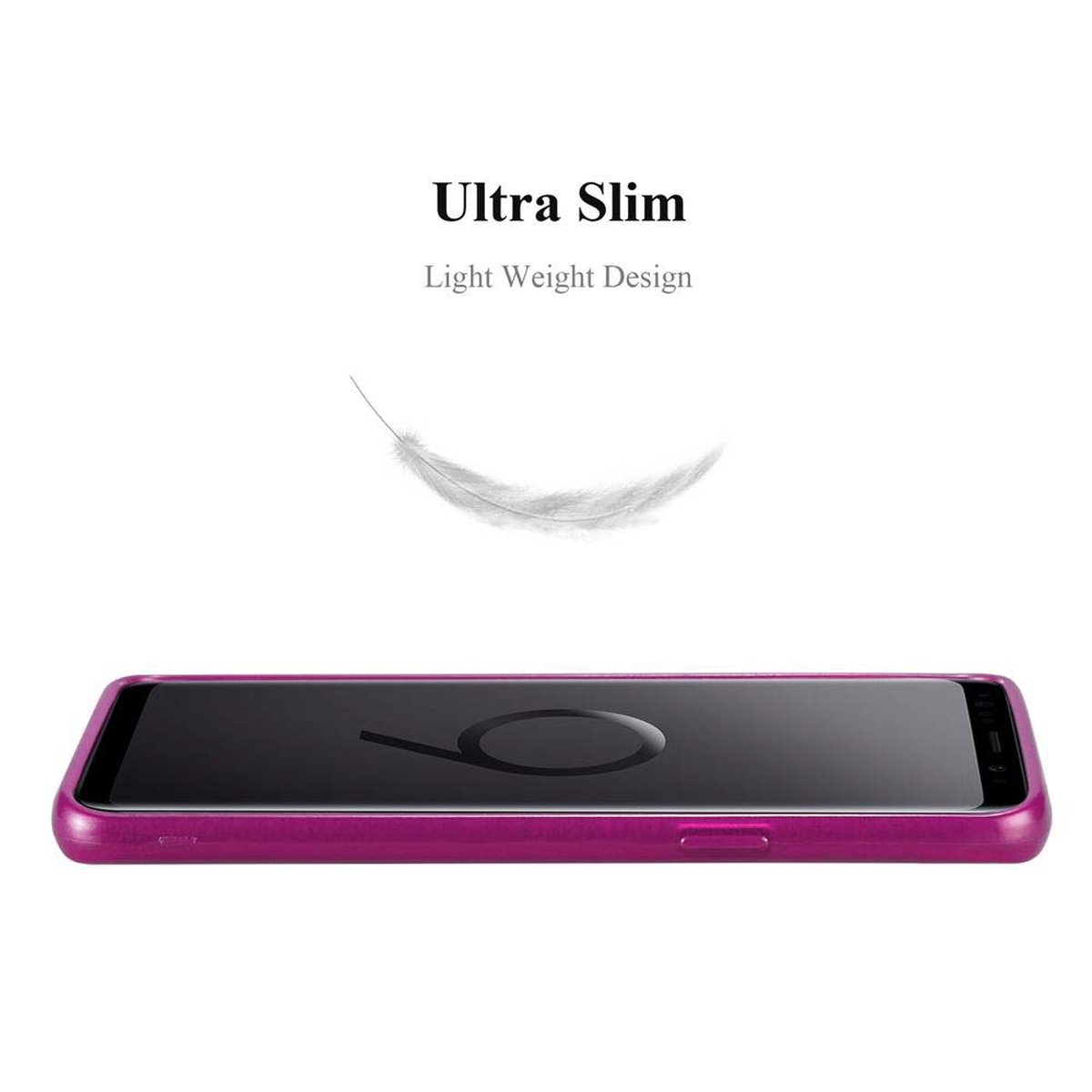 Una custodia per telefono viola con telefono, piuma, testo 'Ultra Slim, Light Weight Design'.