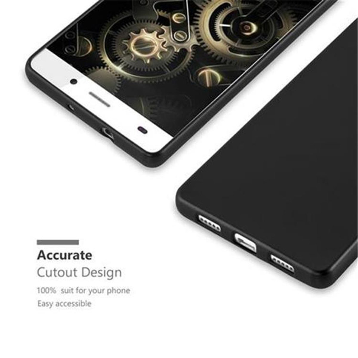 Dos teléfonos con funda, uno negro, otro blanco. El texto dice 'Diseño de corte preciso'.