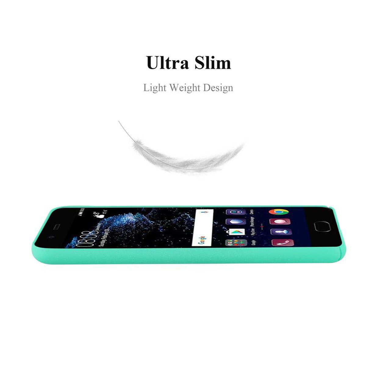 Grünes Telefon auf weißem Hintergrund, Text 'Ultra Slim' und Feder.