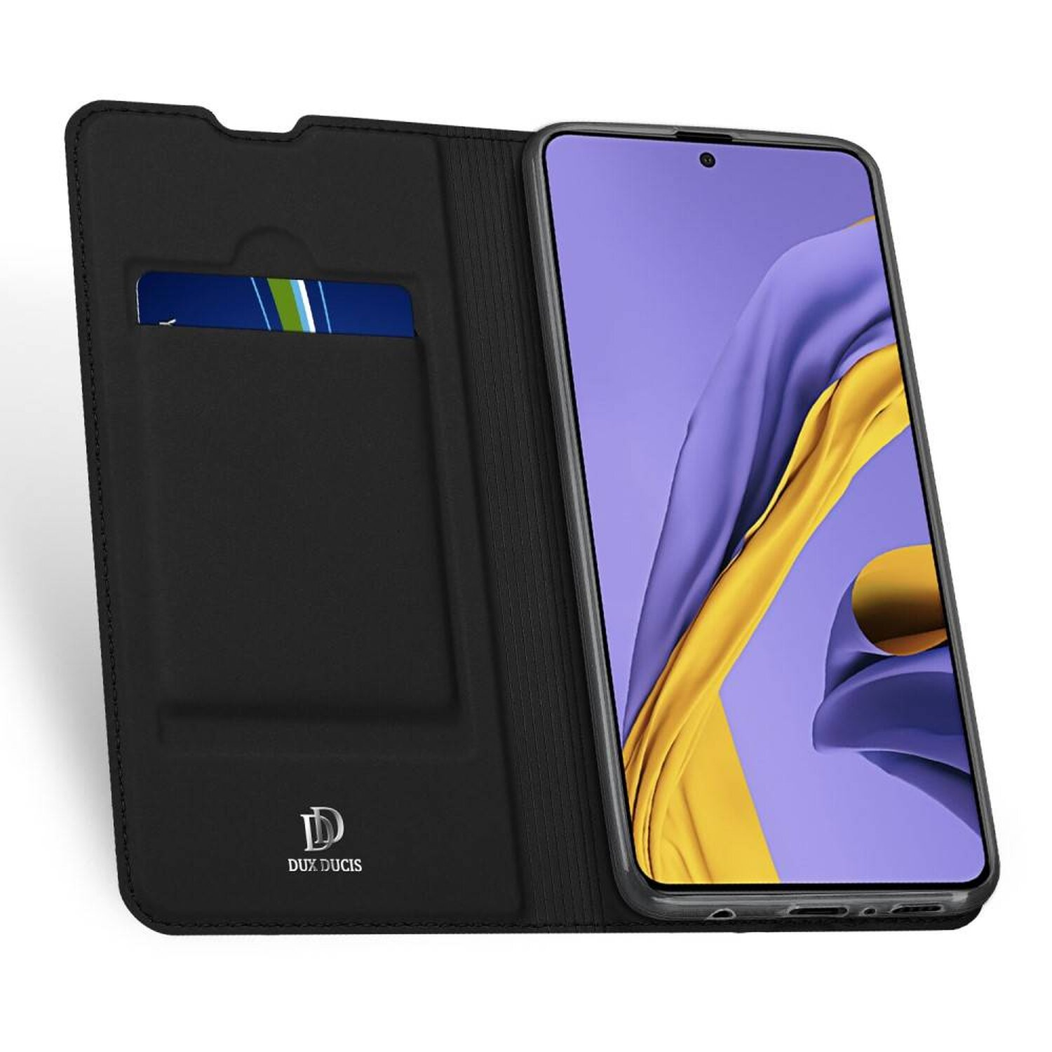Schwarze Handyhülle offen, zeigt ein Telefon mit blauem und gelbem Design. Eine Karte ist in der Tasche.