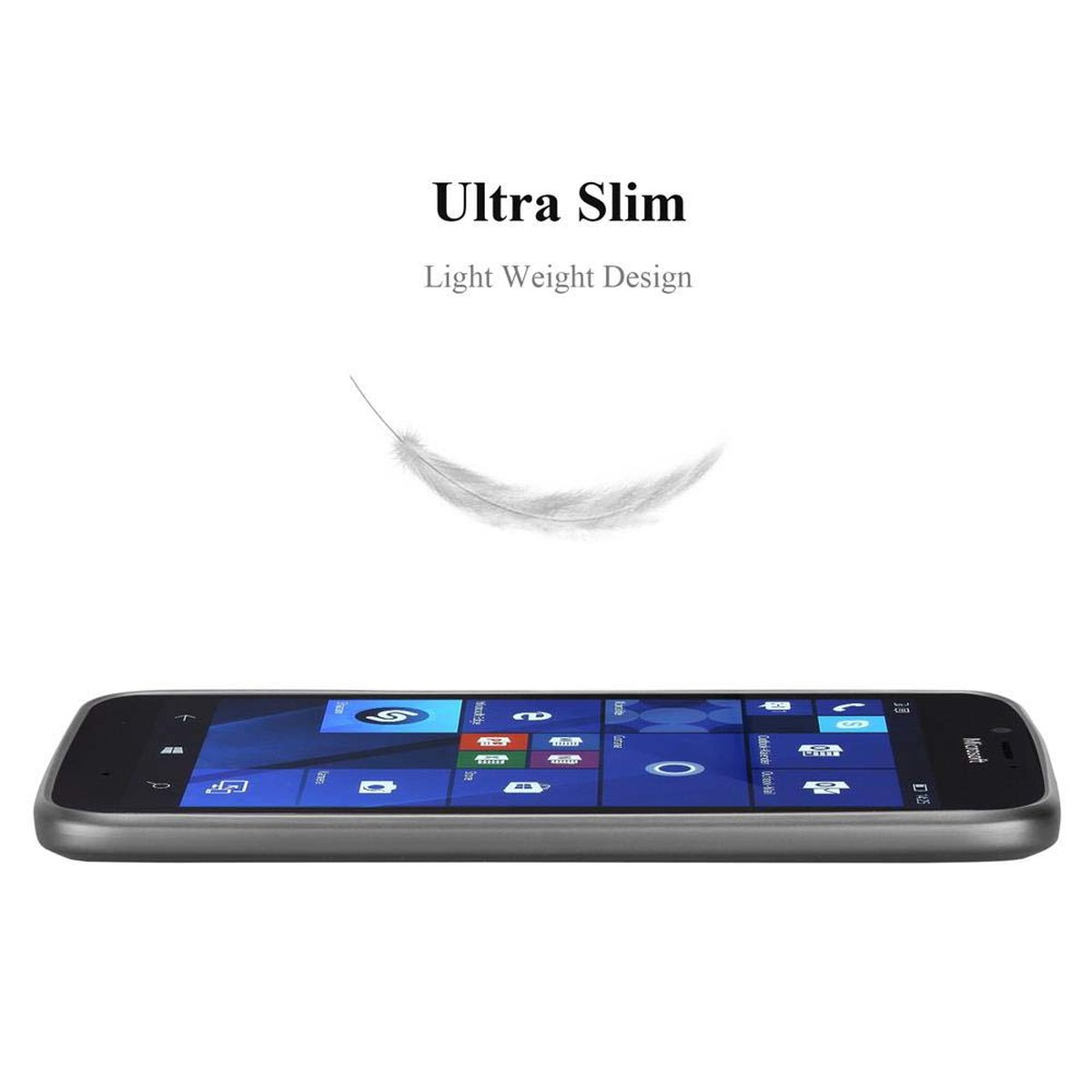 Telefono su un tavolo. Piuma leggera sopra. Testo: Ultra Slim, Light Weight Design.