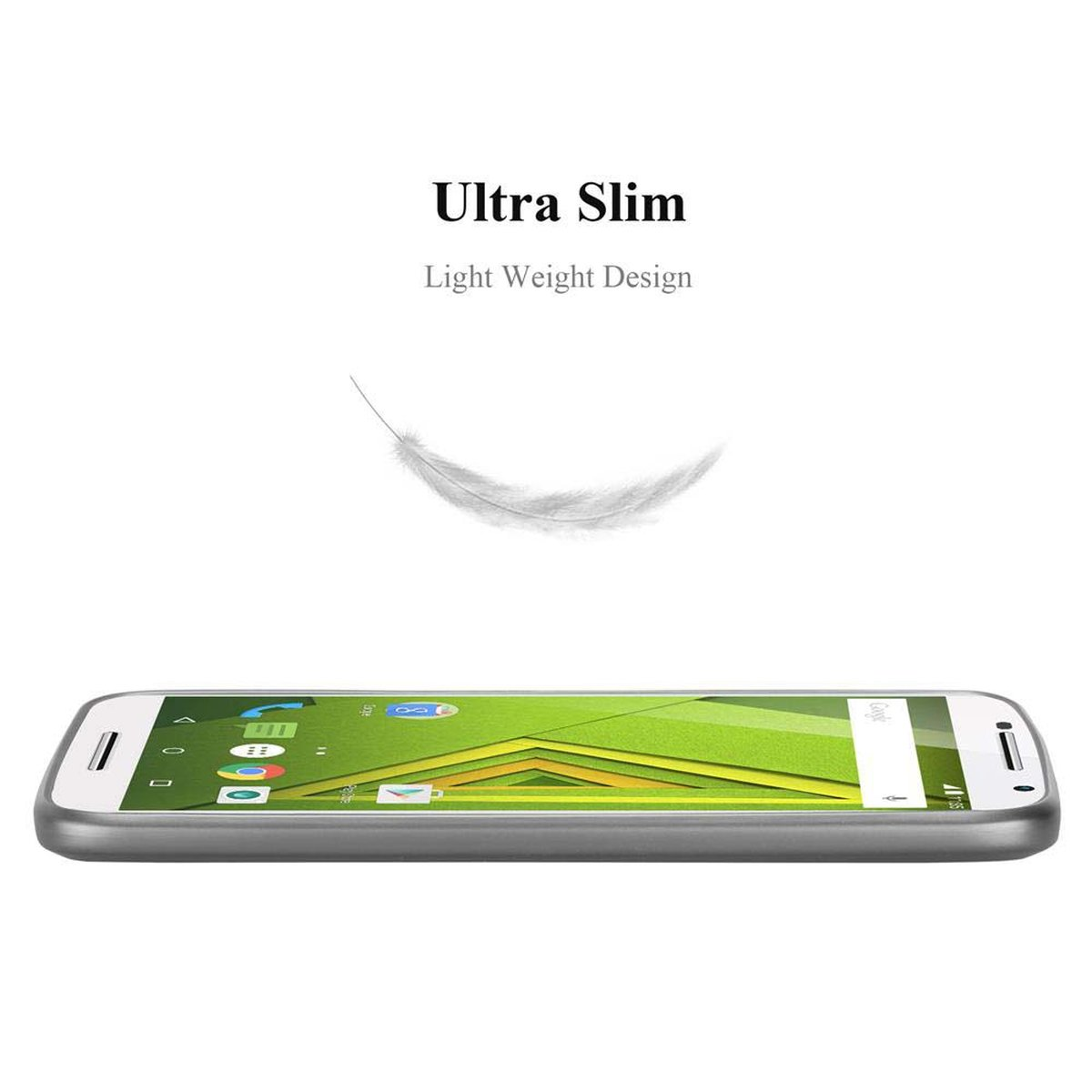 Ein Smartphone auf weißem Untergrund, mit Text "Ultra Slim, Light Weight Design" und einer Feder.