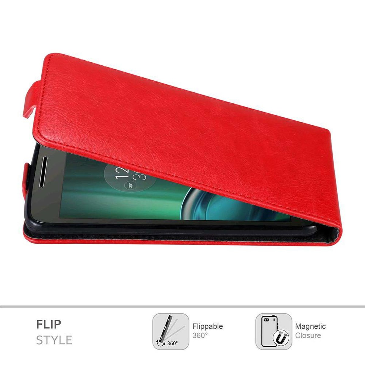 Una funda de teléfono roja tipo flip. El teléfono es parcialmente visible dentro. La funda está abierta.