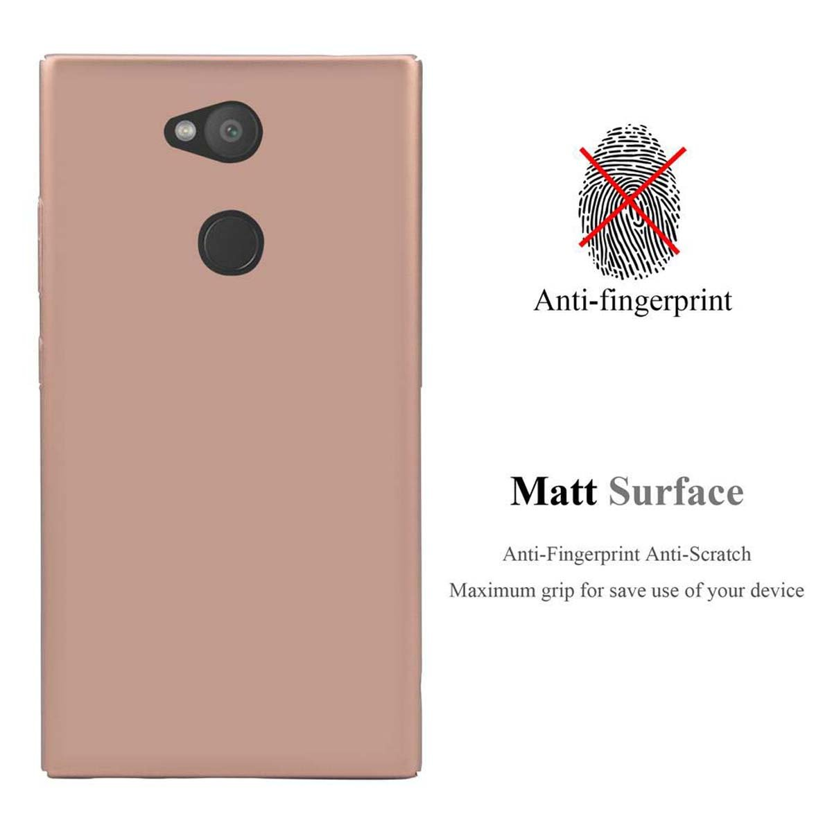 Custodia rosa per telefono con fotocamera e flash. Testo 'Matt Surface' e simbolo anti-impronta.