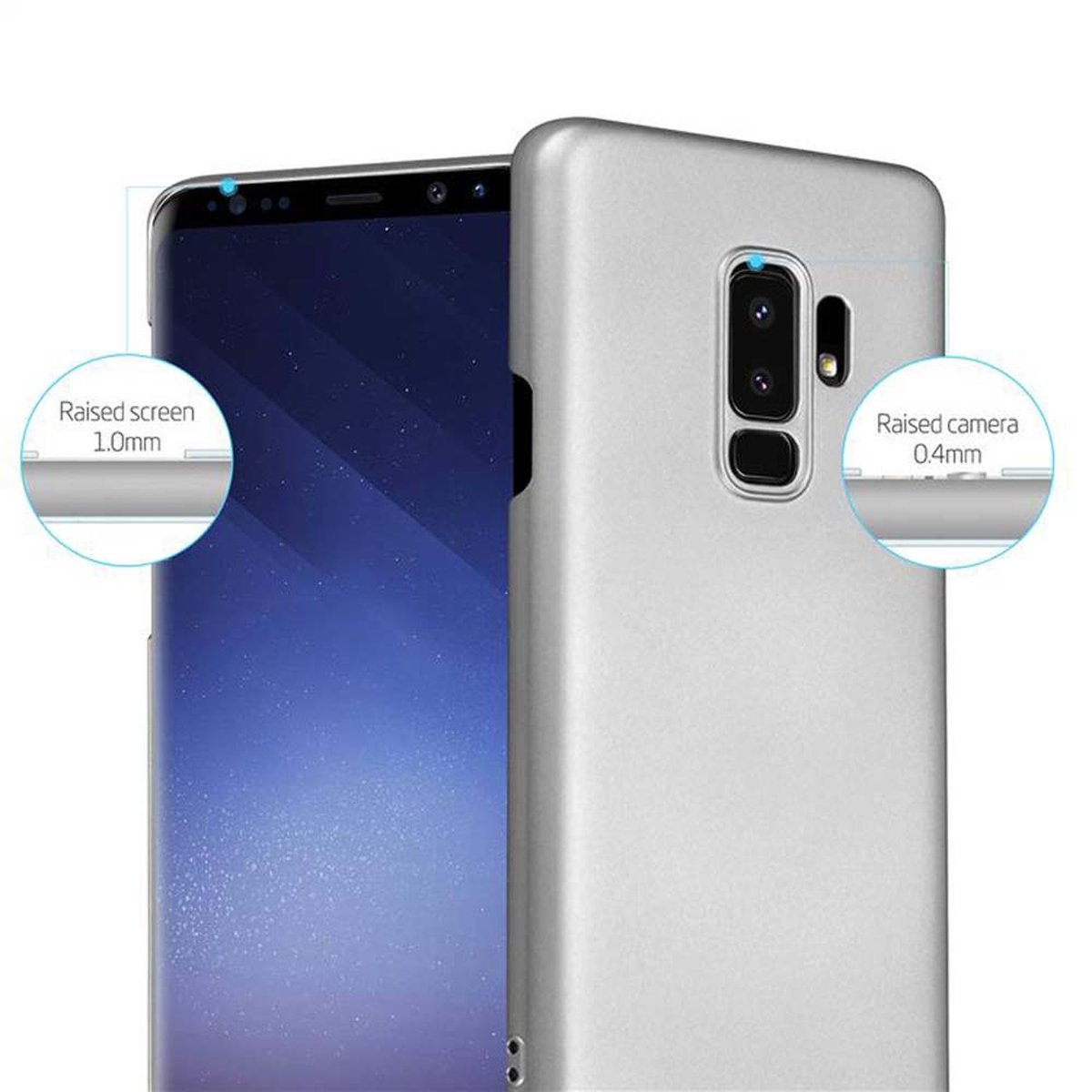 Zwei Telefone, eines vorne und eines hinten. Das hintere Telefon befindet sich in einem silbernen Gehäuse. Das andere zeigt einen Telefonbildschirm.