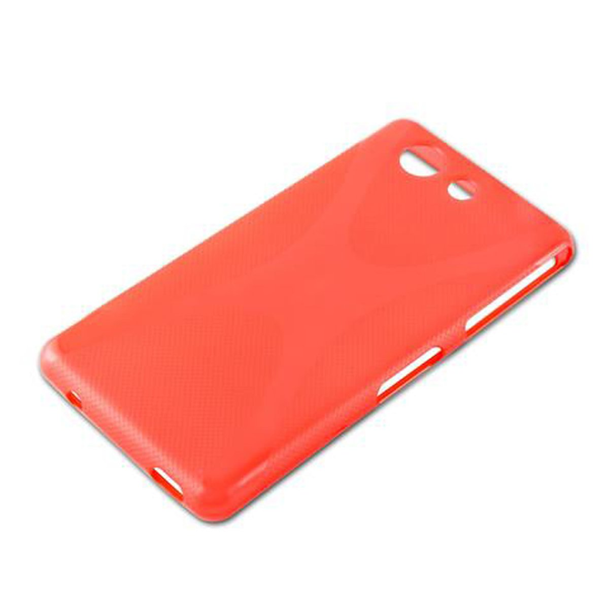 Funda naranja para teléfono. Tiene agujeros para la cámara y botones.