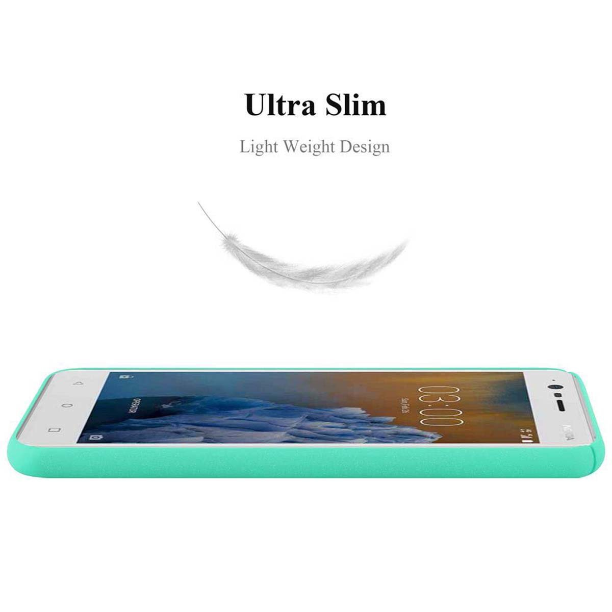 Un telefono in una custodia verde menta, sdraiato su un lato. Una grafica a forma di piuma è sopra il telefono.