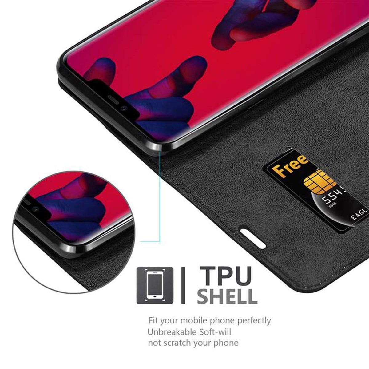 Schwarze Klapphülle mit Telefon darin. Kartenfach mit Karte. TPU-Schalen-Text.
