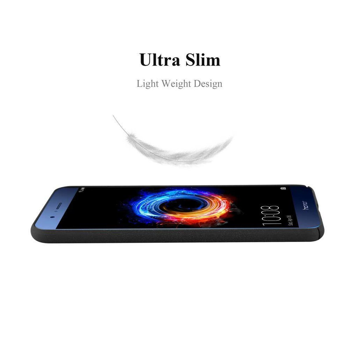 Un telefono con custodia blu. Sopra c'è una grafica di piume, il testo dice 'Ultra Slim'.