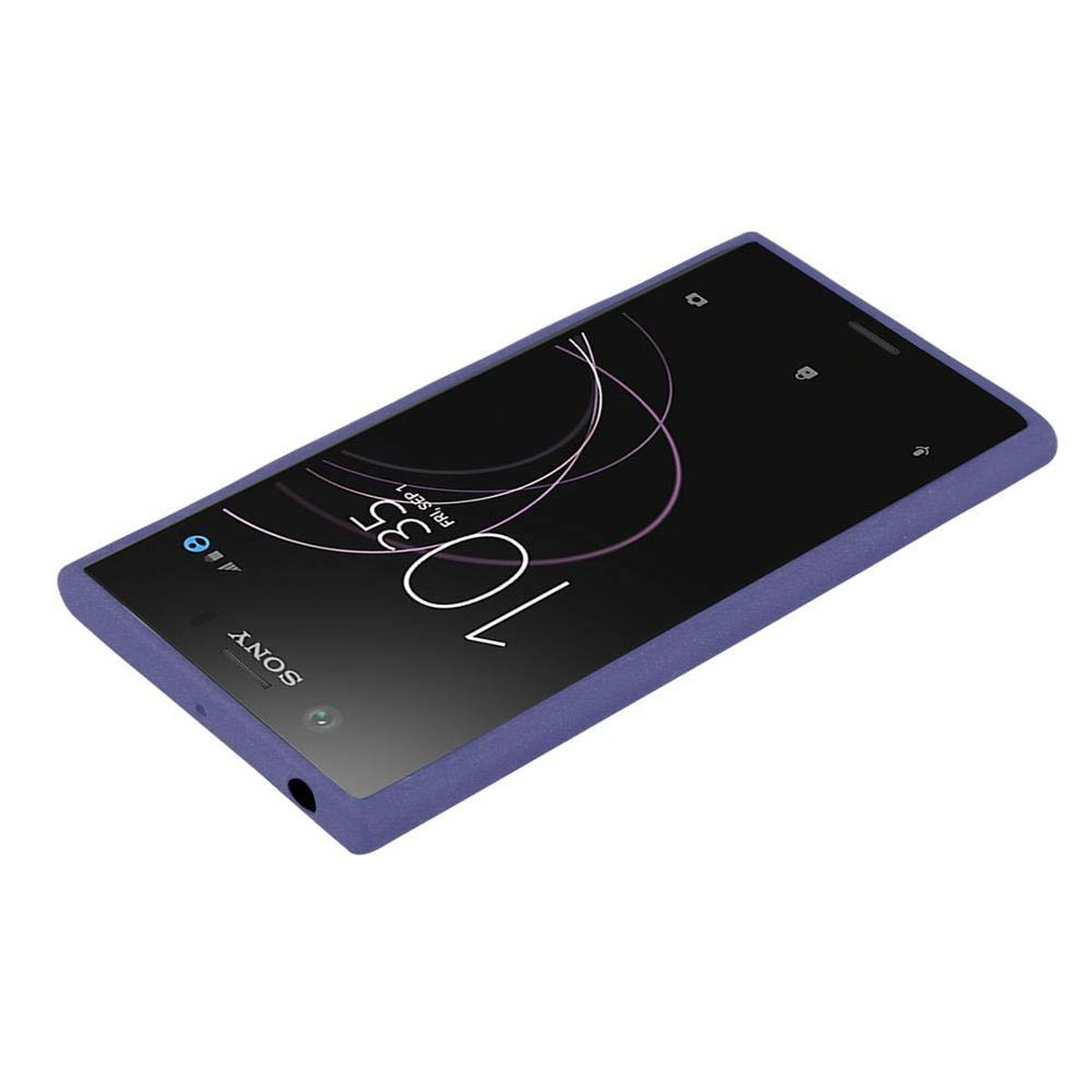 Un telefono viola in una custodia blu. Lo schermo del telefono è acceso. Il telefono mostra l'ora: 10:35.