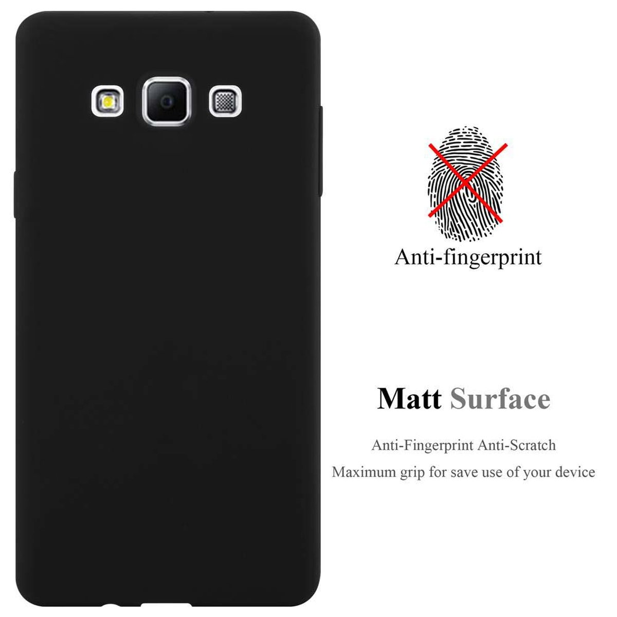 Schwarze Handyhülle mit Kamera, Blitz und Fingerabdrucksymbol. Text: 'Anti-Fingerabdruck' und 'Matt Surface'.