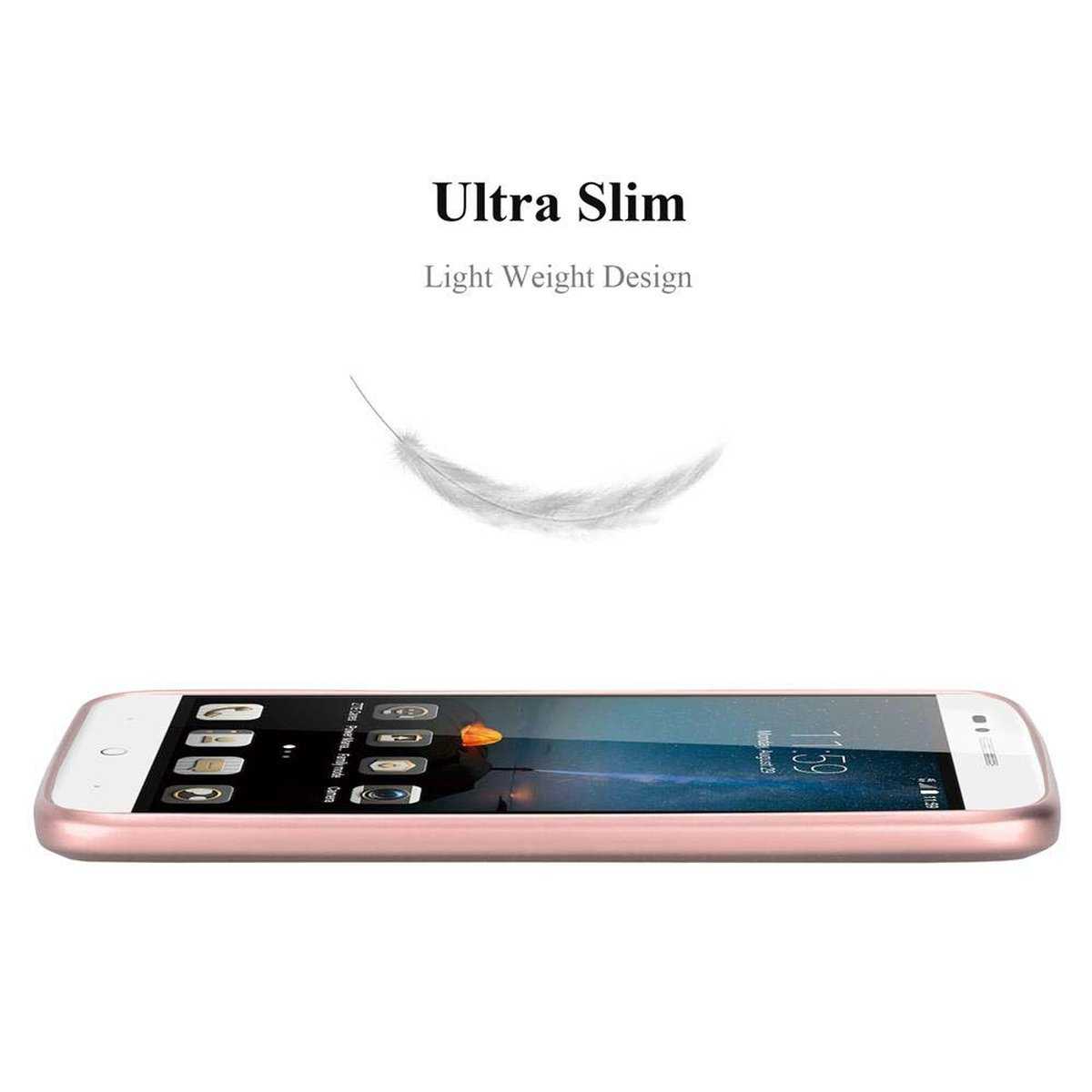 Telefono oro rosa su sfondo bianco, grafica a piuma sopra. Il testo recita: Ultra Slim, Light Weight Design.