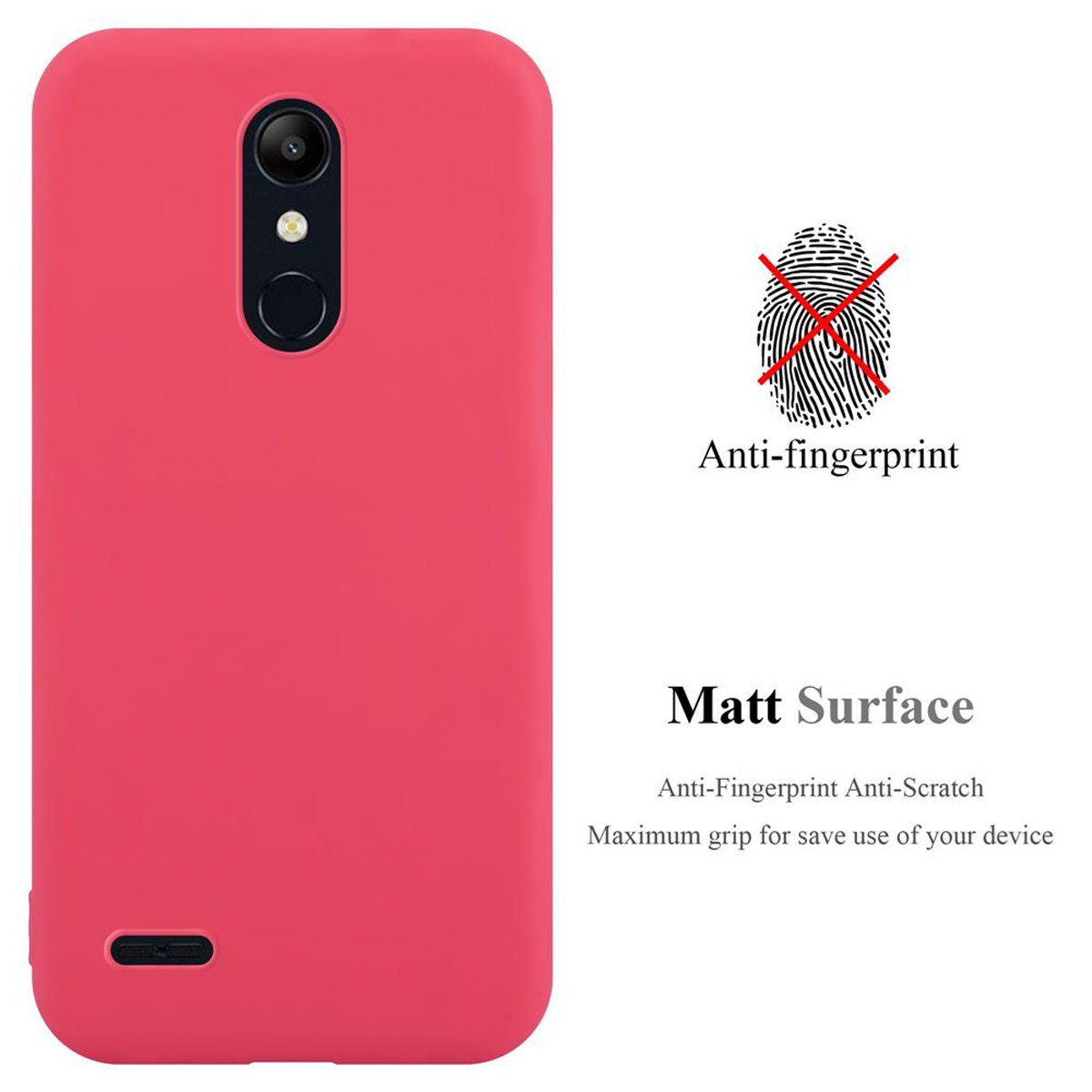 Viene mostrata una custodia rossa per telefono. Viene visualizzato un logo anti-impronte.