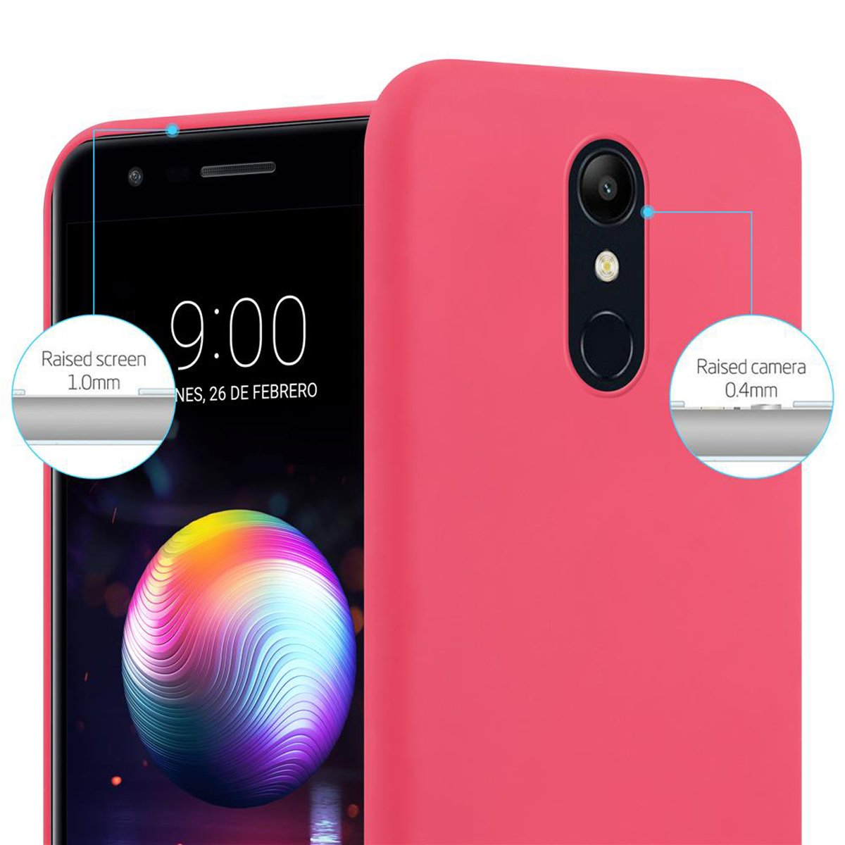 Custodia per telefono rosa con un telefono all'interno. La custodia ha uno schermo e una fotocamera rialzati.
