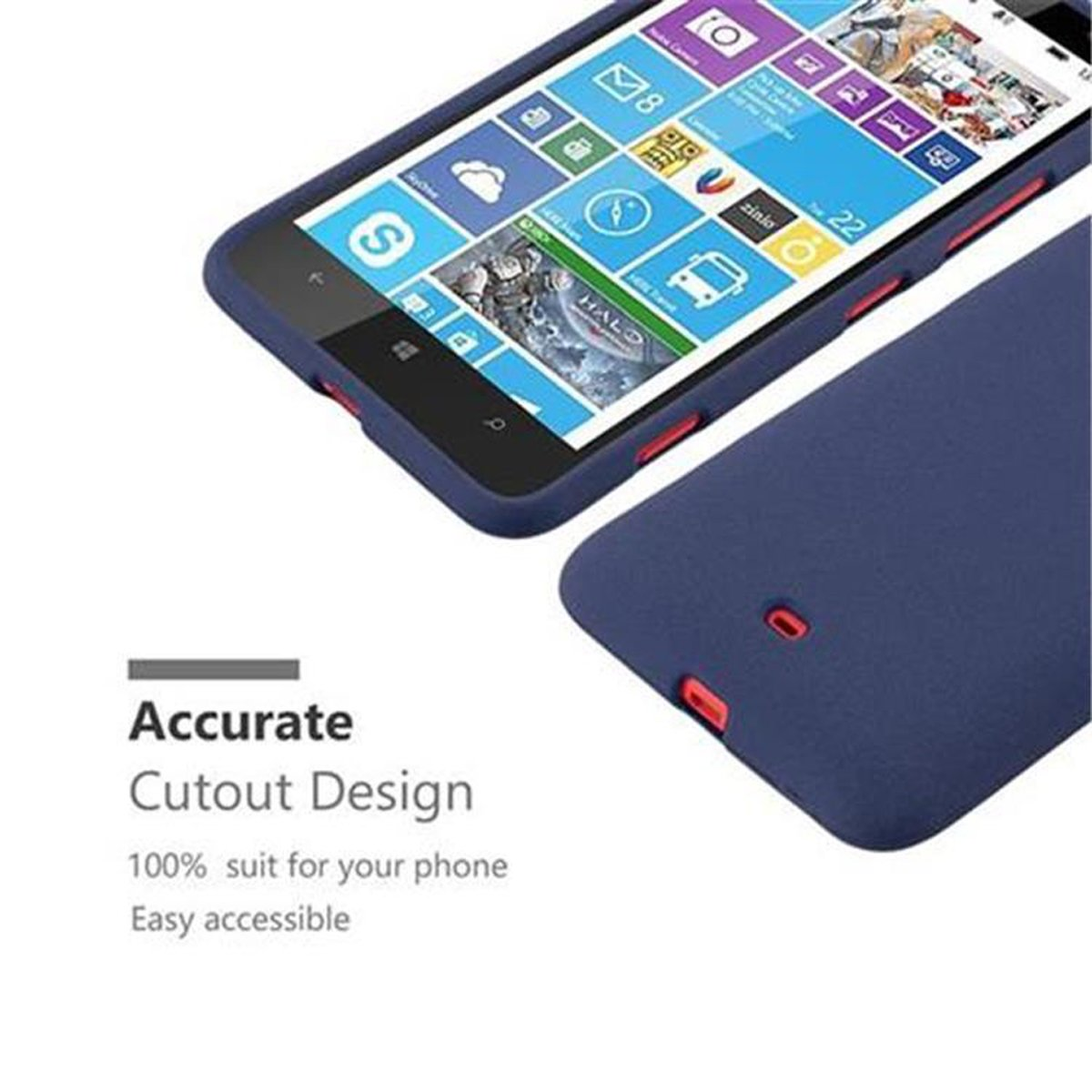 Un telefono con una custodia blu. Il testo sull'immagine dice Accurate Cutout Design.