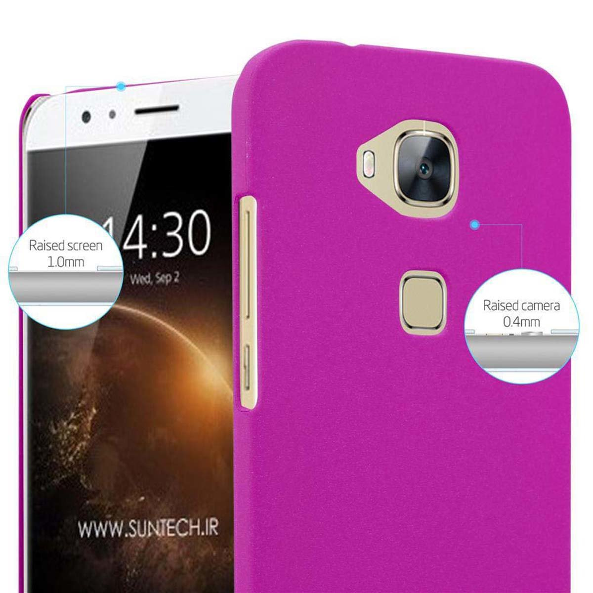 Una funda de teléfono rosa con teléfono blanco dentro. La funda rodea el teléfono.