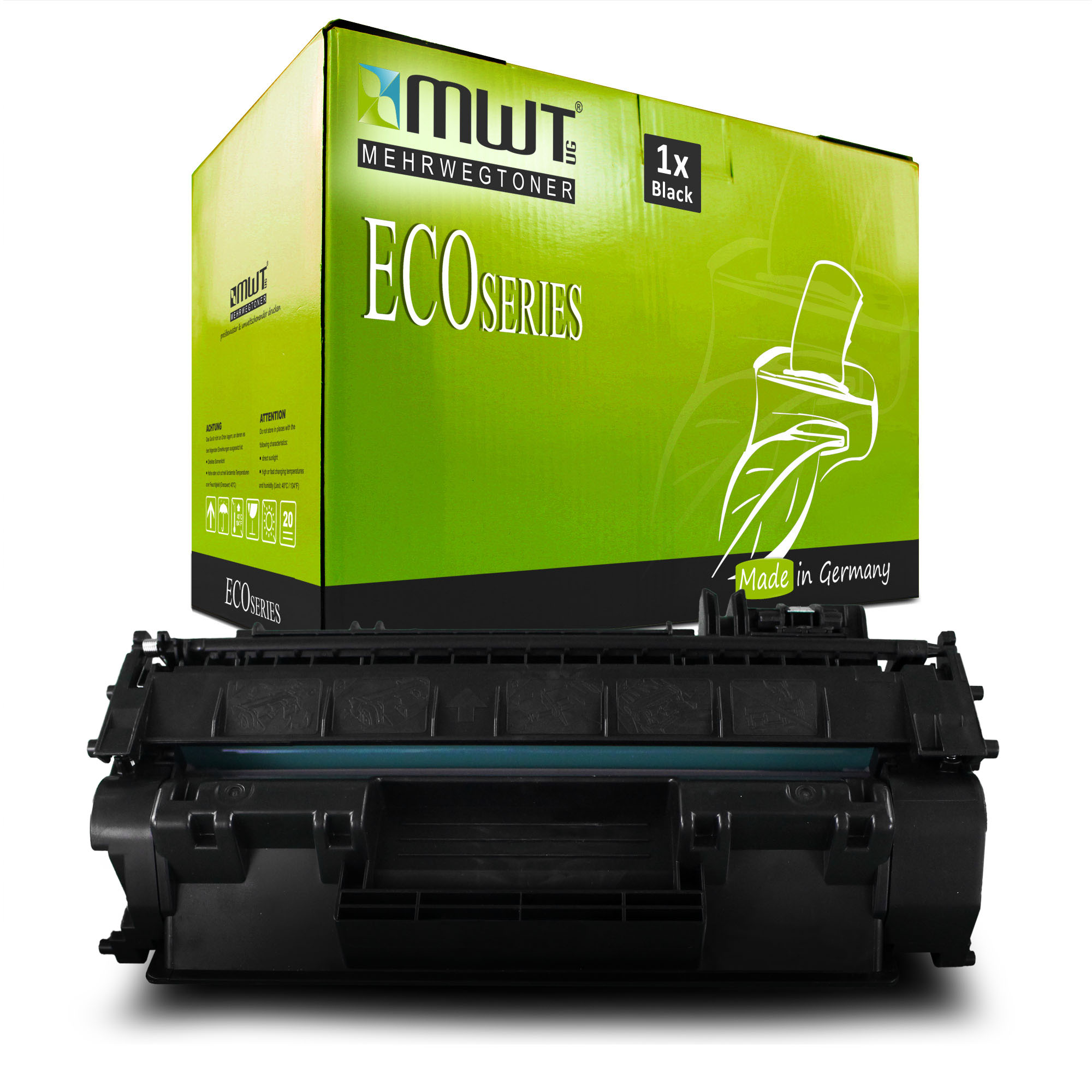 Eine grüne Schachtel mit MWT EcoSeries-Patronen und eine schwarze Patrone davor auf weißem Untergrund.