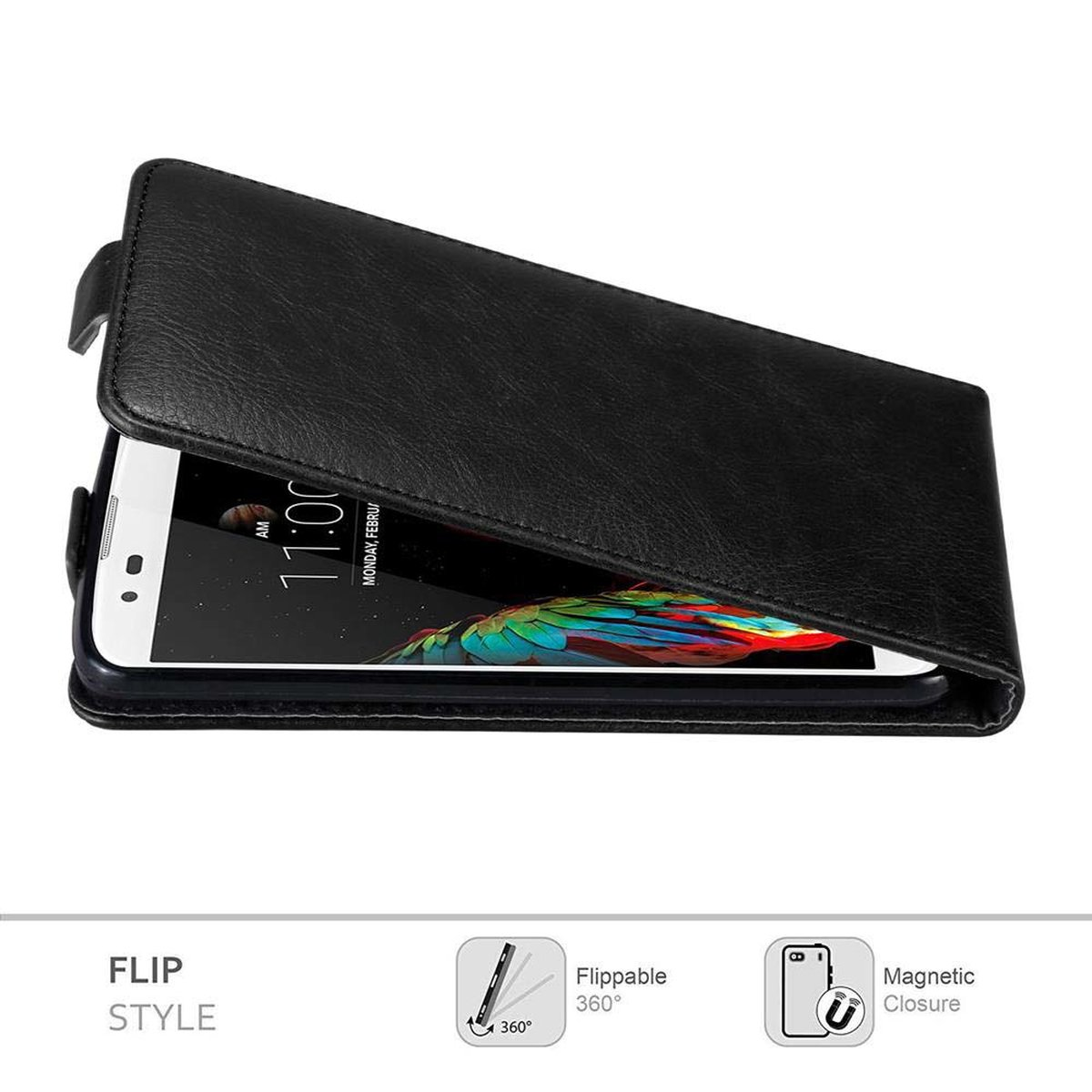 Funda de teléfono plegable negra. La pantalla del teléfono muestra la hora. Hay iconos de estilo plegable.