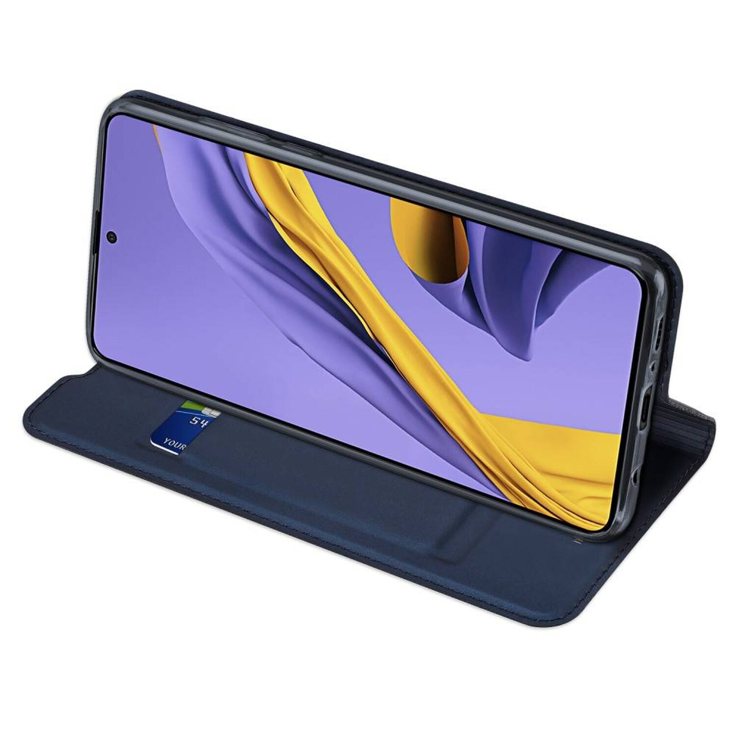 Ein Telefon in einer dunkelblauen Hülle, geöffnet, um den Bildschirm freizugeben. Eine Karte ist im Inneren der Hülle sichtbar.