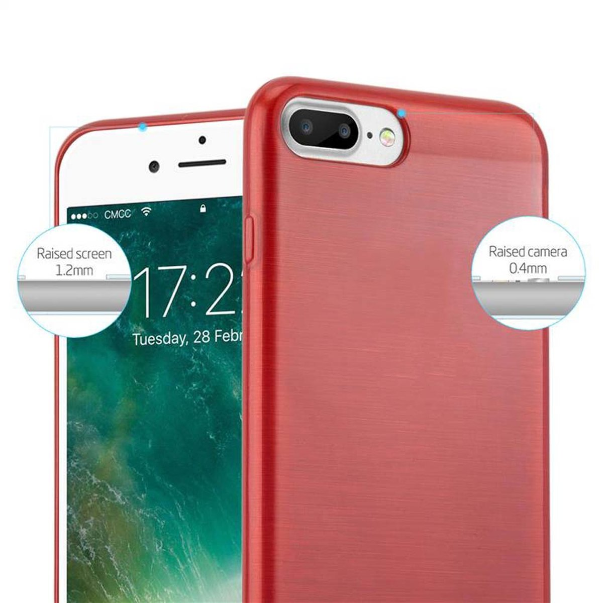 Una funda roja para teléfono con un teléfono dentro. Se muestra información en la pantalla.