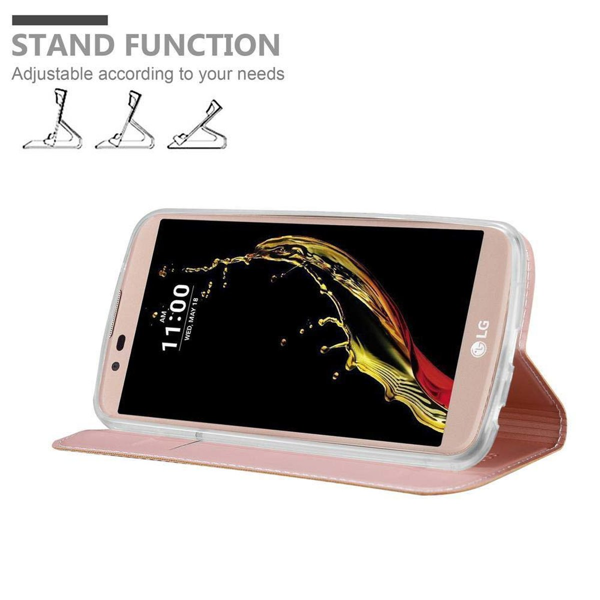 Telefono in custodia rosa, aperto come supporto. Lo schermo mostra un orologio, sfondo bianco.