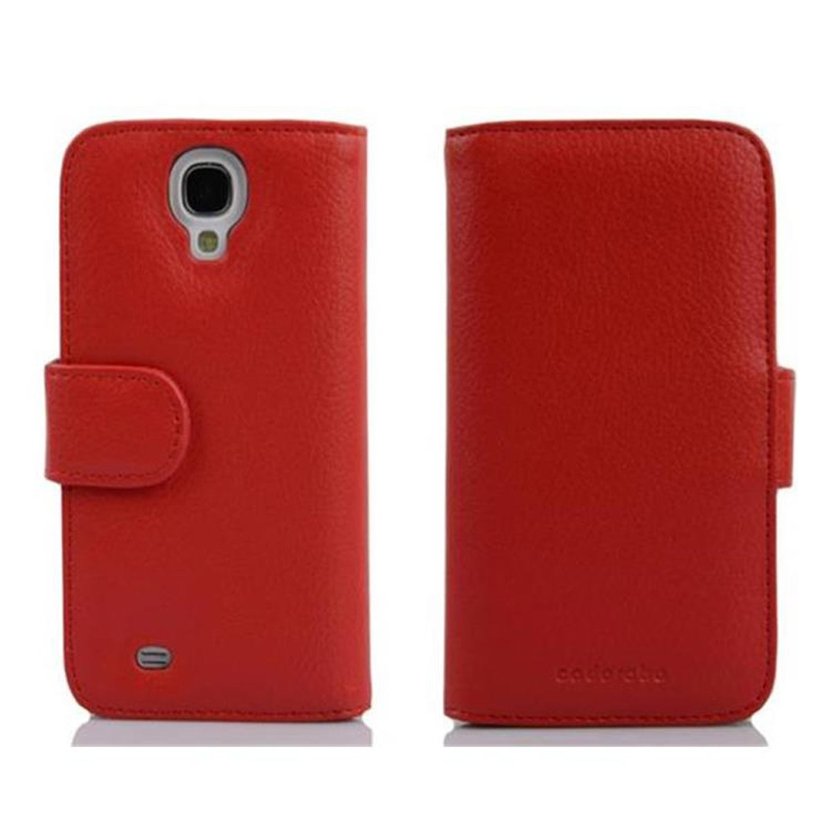 Custodia per telefono in pelle rossa, aperta e chiusa, che mostra la fotocamera e il lato dello schermo.