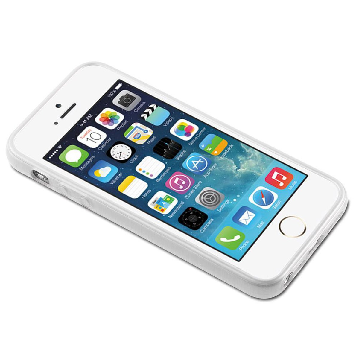 iPhone bianco con icone sullo schermo, racchiuso in una custodia protettiva bianca.