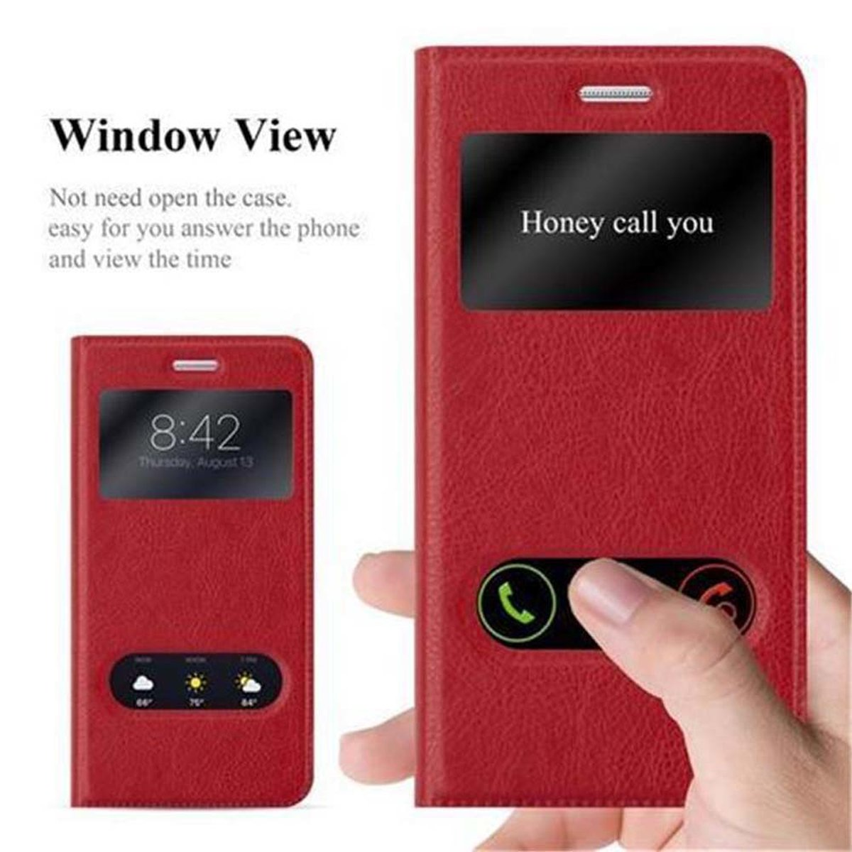 Funda de teléfono roja con ventana. La mano toca la pantalla. Fondo blanco.
