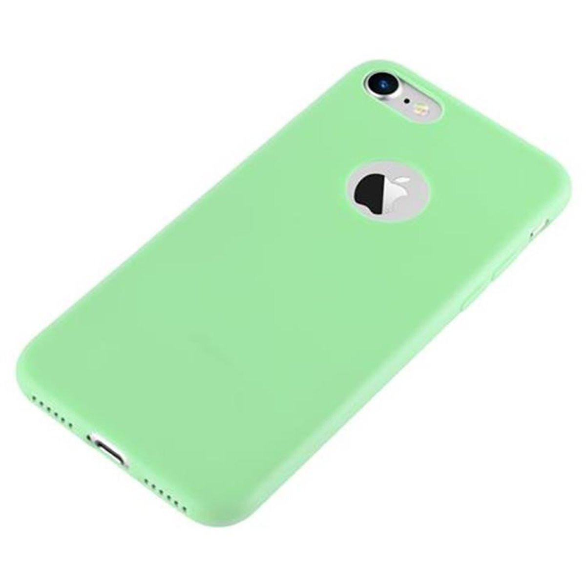 Grüne Handyhülle mit Apple-Logo und Kameraausschnitt.