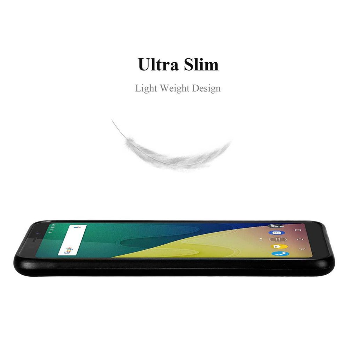 Schwarzes Telefon auf weißem Hintergrund. Text: Ultra Slim, Light Weight Design.