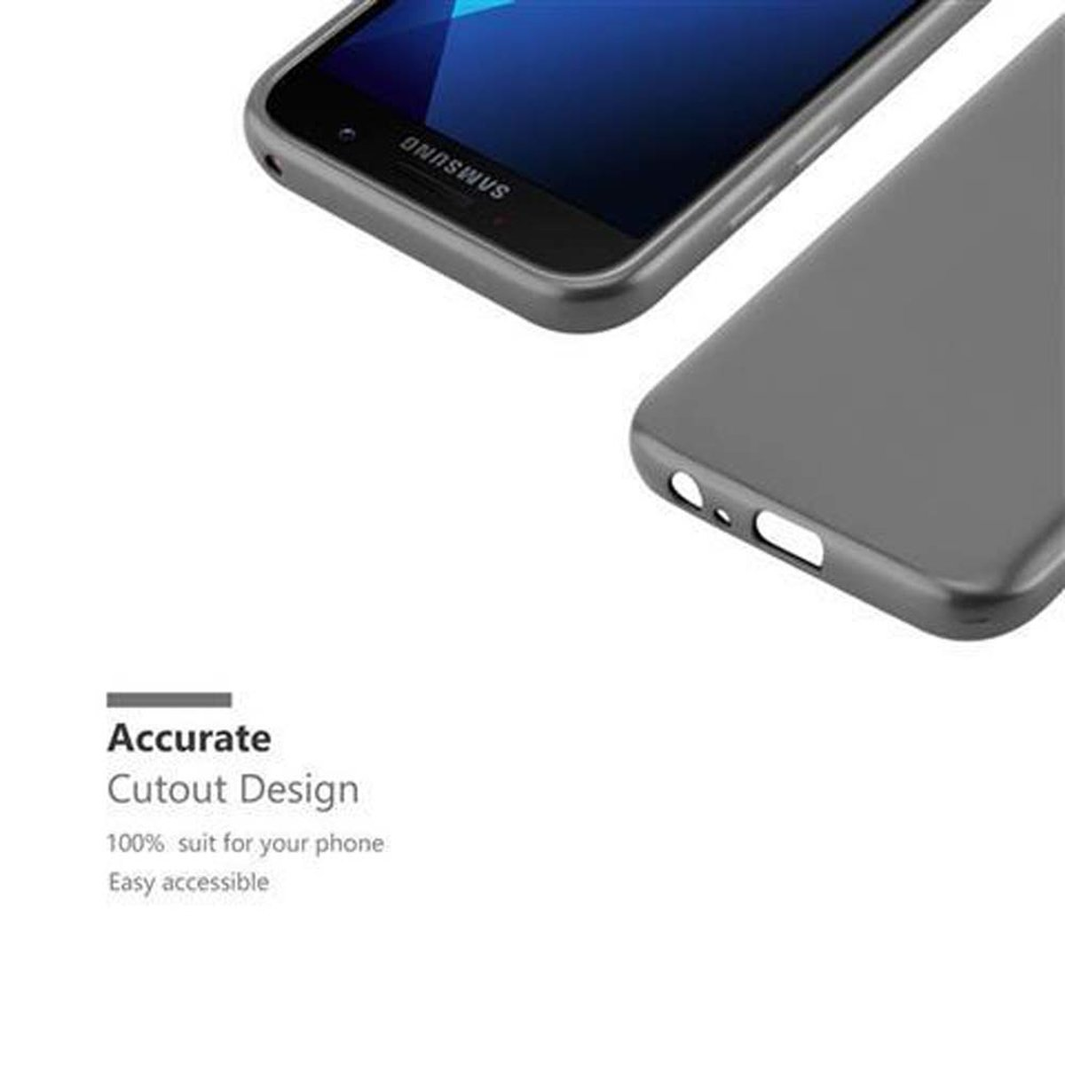 Teléfono y funda grises. Texto: Diseño de corte preciso.