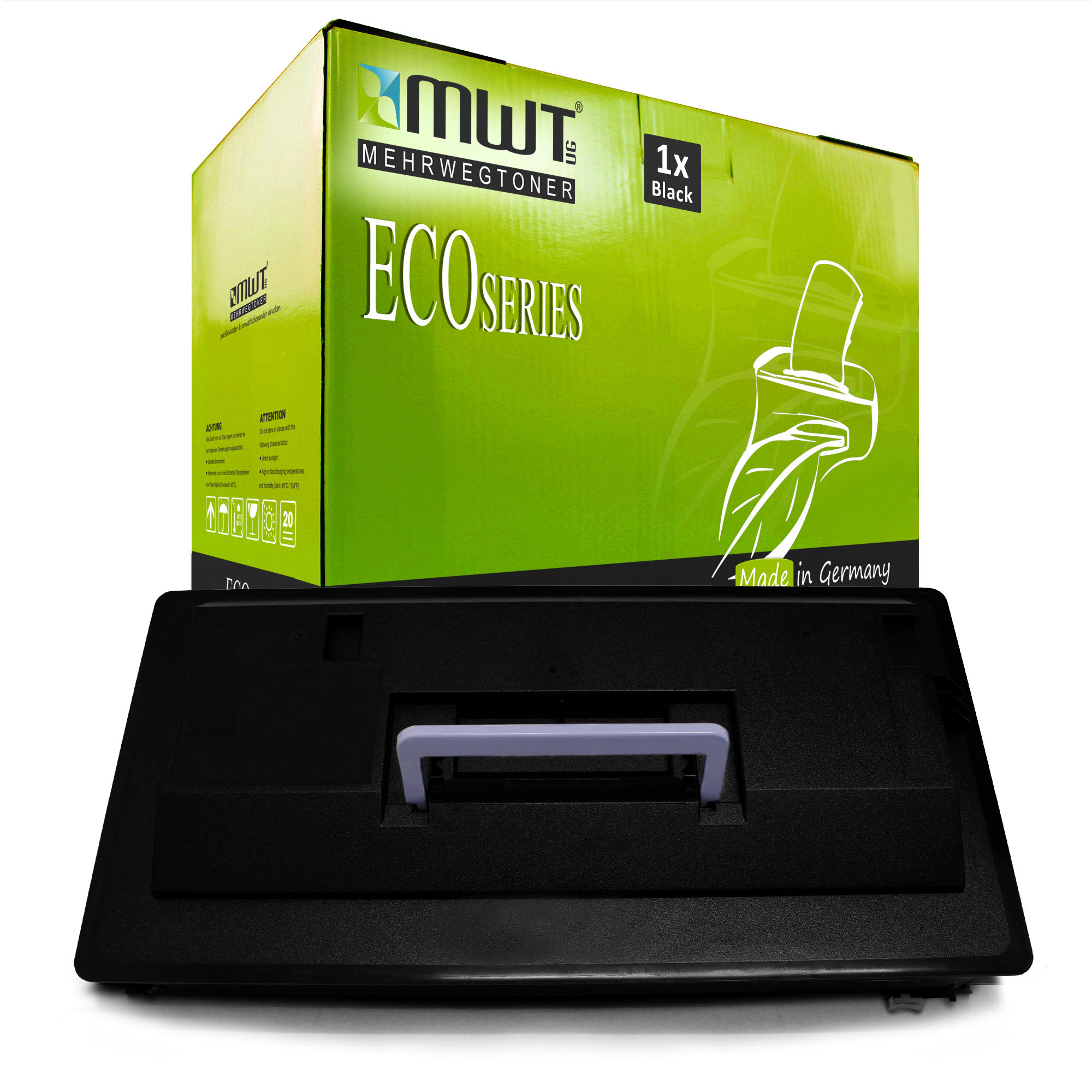 Grün-weiße Tonerkassette mit schwarzem Toner. Weißer Hintergrund. Auf der Box steht 'ECO SERIES'.