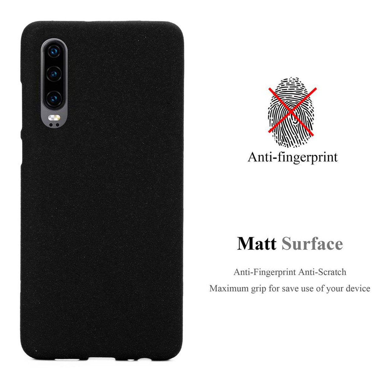 Custodia nera per telefono con ritaglio per tripla fotocamera, testo: anti-impronte, superficie opaca. Sfondo bianco.