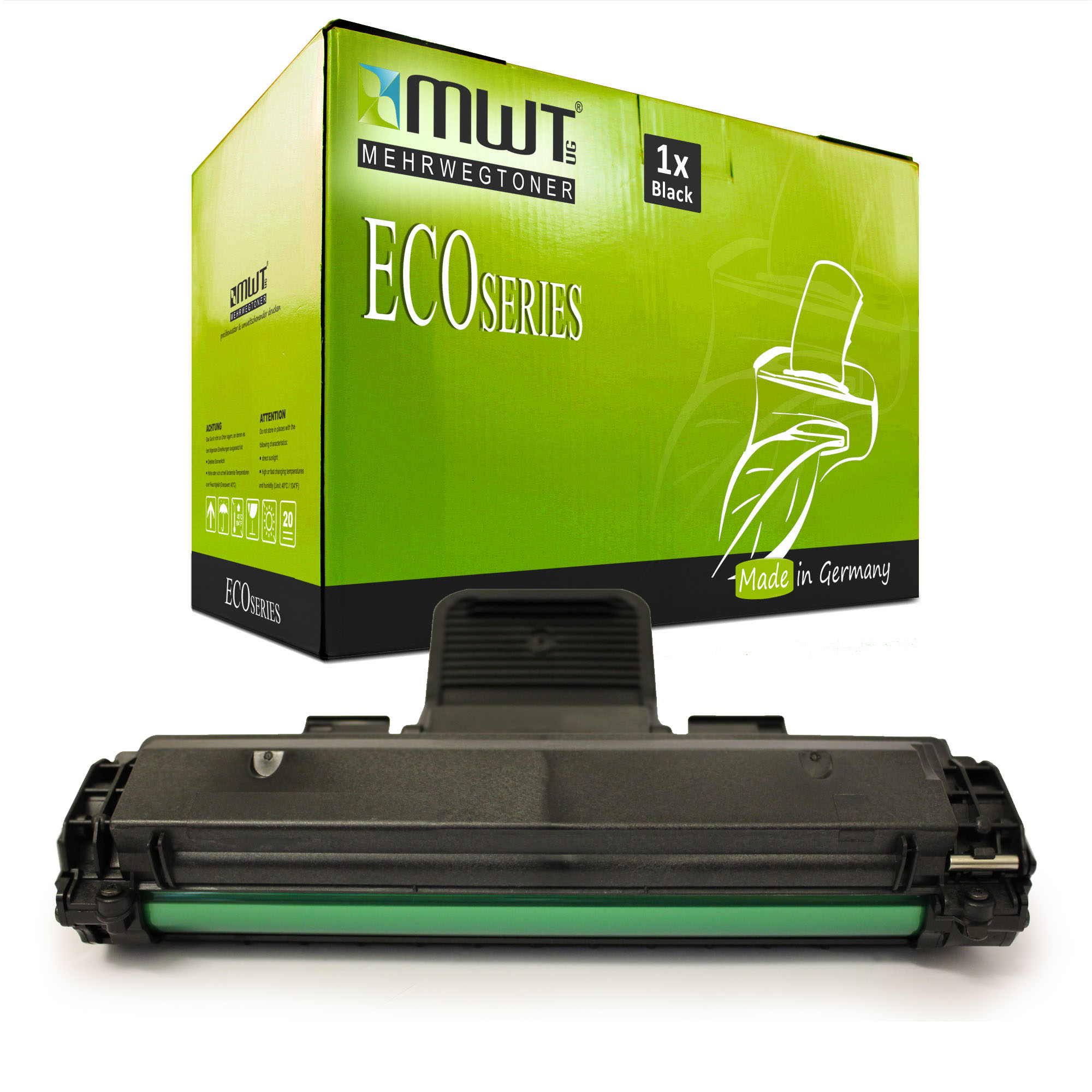 Grüne und weiße Schachtel mit dem Text "ECO SERIES". Eine schwarz-grüne Druckerpatrone befindet sich davor.