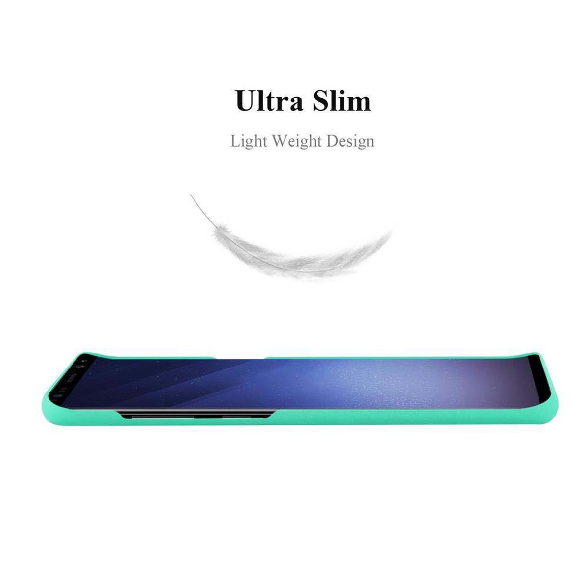 Una custodia per telefono turchese piatta, con una grafica di piume sopra e il testo 'Ultra Slim' e 'Light Weight Design'.