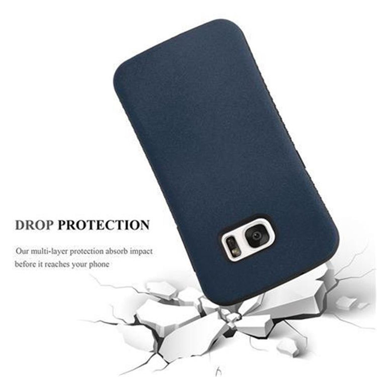 Viene mostrata una custodia per telefono blu navy, con testo sulla protezione dalle cadute. Telefono su una superficie incrinata.