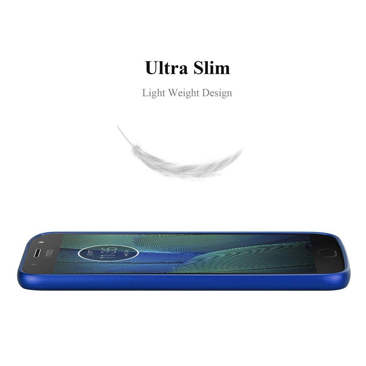 Telefono blu su sfondo bianco. Il telefono è orizzontale. C'è una piuma sopra.